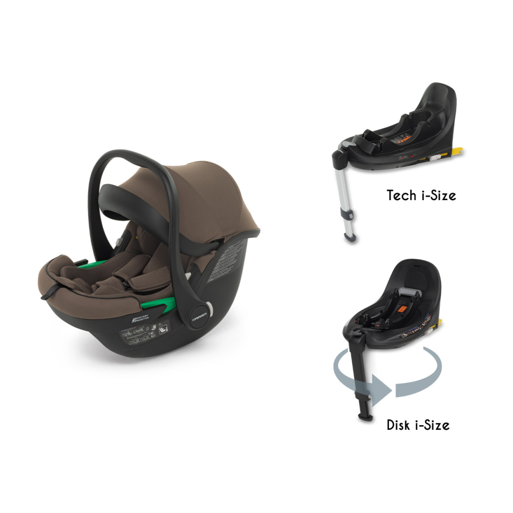 Disk Infant i-Size Commander, utilizzabile dalla nascita a 87 cm con la base rotante Disk i-Size o con la base Tech i-Size (articoli venduti separatamente)