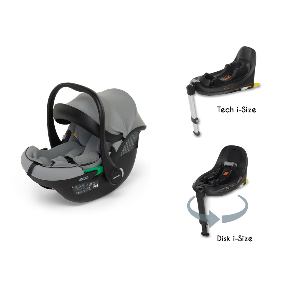 Disk infant i-Size, utilizzabile dalla nascita a 87 cm con la base rotante Disk i-Size o con la base Tech i-Size (articoli venduti separatamente)