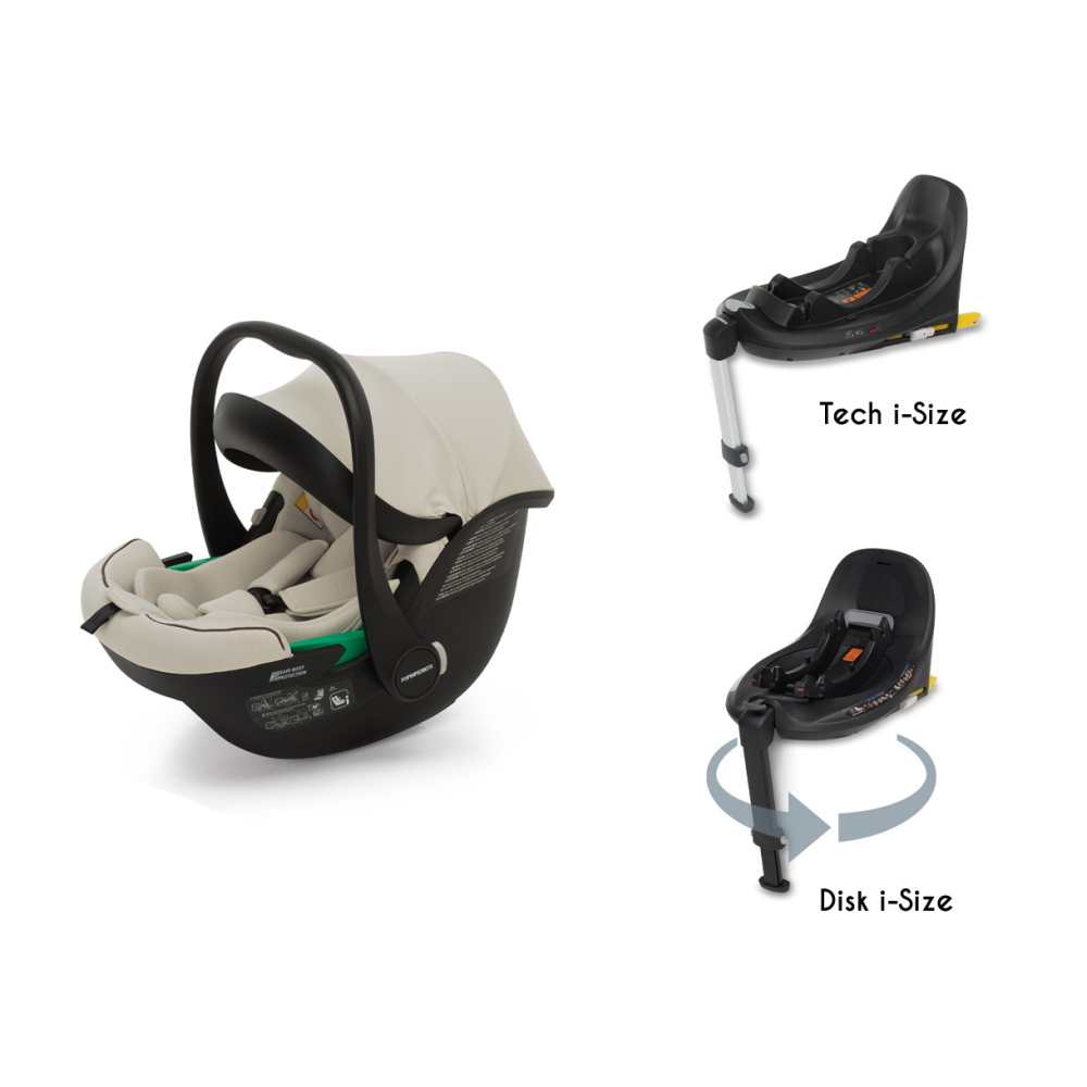 Disk Infant i-Size, utilizzabile dalla nascita  a 87 cm con la base rotante Disk i-Size o con la base Tech i-Size (articoli venduti separatamente)